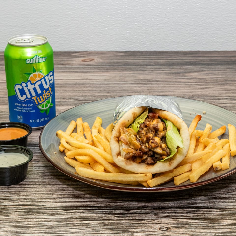 Lamb gyro combo with fries and a drink.