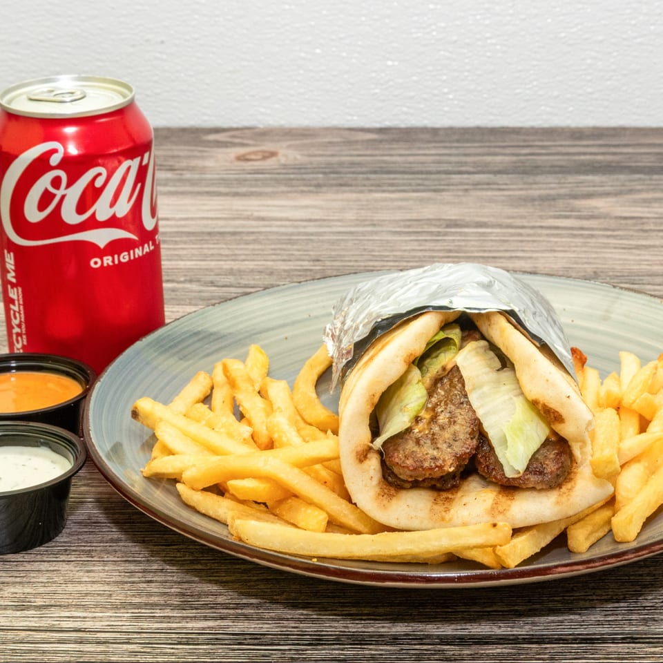 Beef gyro combo with fries and a drink.